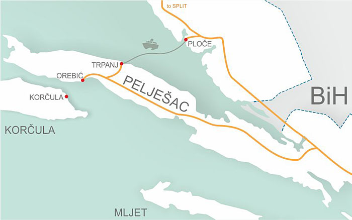 Ploče to Trpanj ferry route map