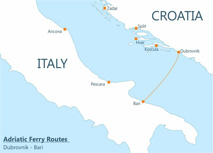 Dubrovnik to Bari (Italy) ferry route map